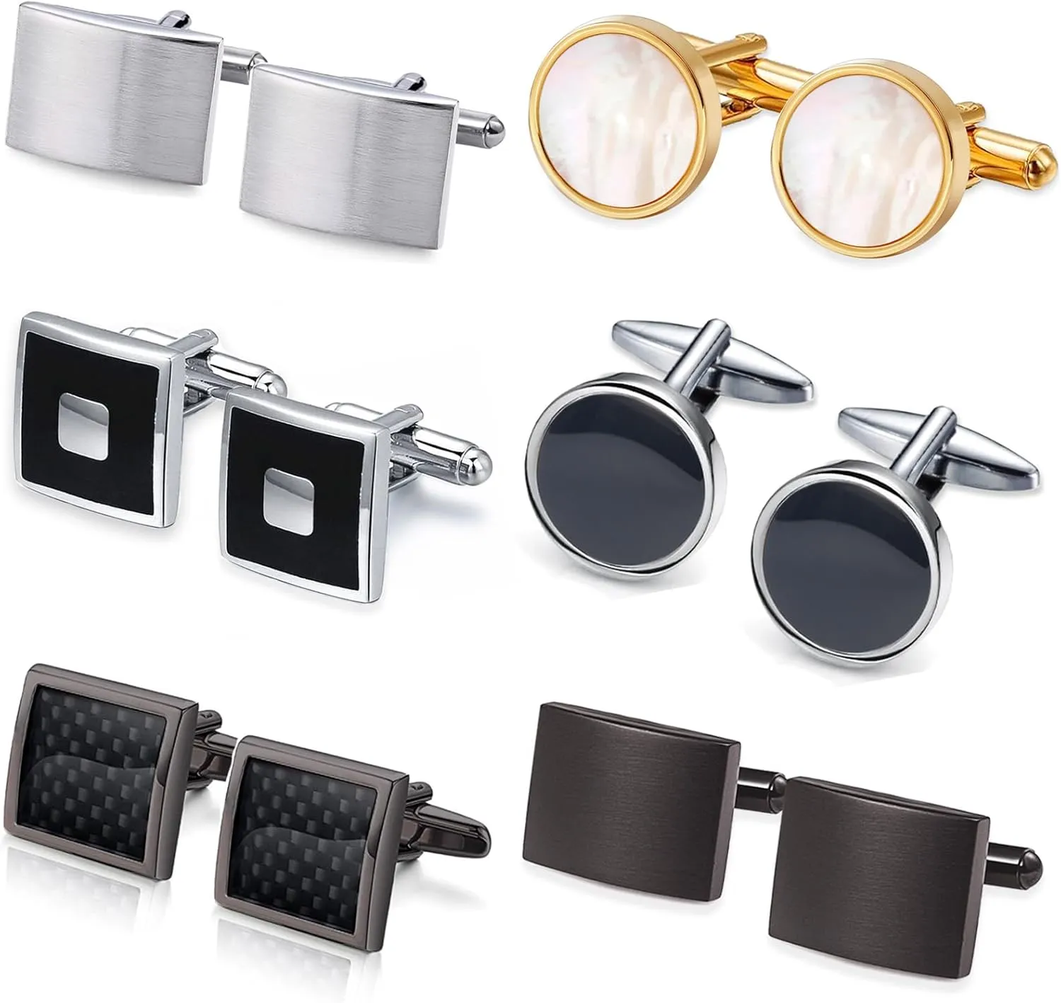 6 Pairs Cufflinks for Men Set Classic Mens Cuff Links for Wedding Groom Business Gifts Black Gold Silver