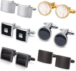 6 Pairs Cufflinks for Men Set Classic Mens Cuff Links for Wedding Groom Business Gifts Black Gold Silver