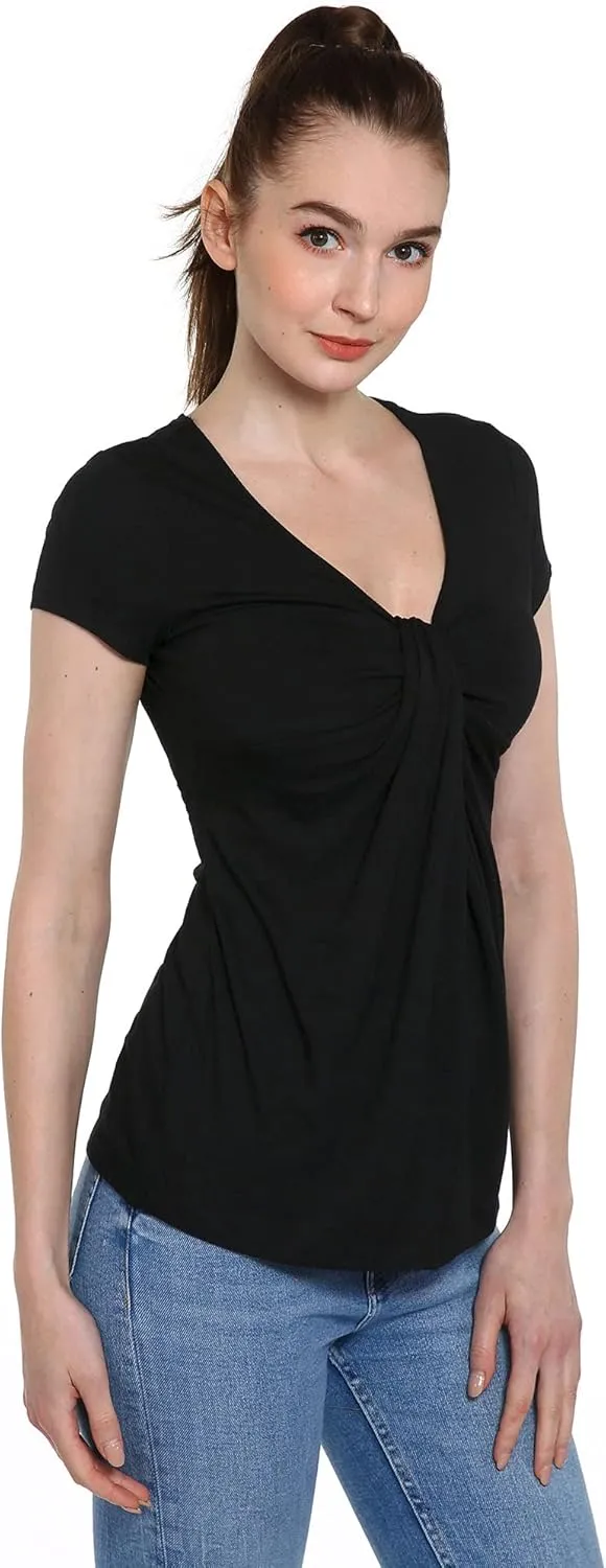AmlieBoutik Women V Neck Twist Knot Front Casual T-Shirt Short Sleeve Blouse