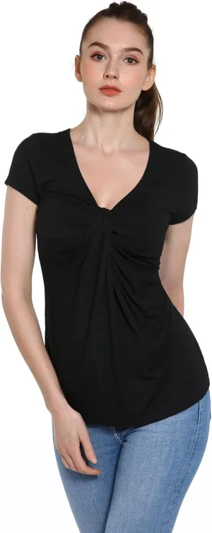 AmlieBoutik Women V Neck Twist Knot Front Casual T-Shirt Short Sleeve Blouse