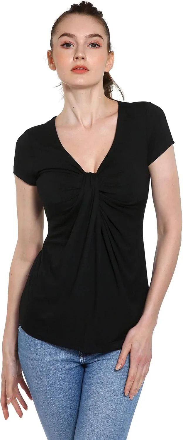 AmlieBoutik Women V Neck Twist Knot Front Casual T-Shirt Short Sleeve Blouse