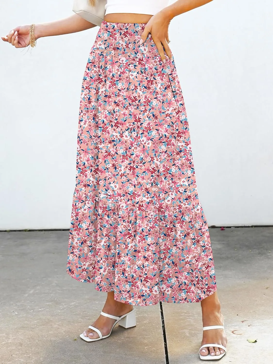 ANRABESS Maxi Skirts for Women 2025 Summer Boho Long Flowy Floral Elastic High Waist Skirt Casual Travel Skirt with Pockets