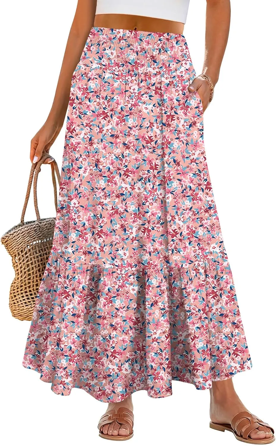 ANRABESS Maxi Skirts for Women 2025 Summer Boho Long Flowy Floral Elastic High Waist Skirt Casual Travel Skirt with Pockets