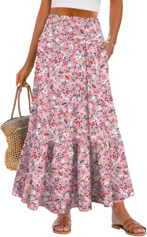 ANRABESS Maxi Skirts for Women 2025 Summer Boho Long Flowy Floral Elastic High Waist Skirt Casual Travel Skirt with Pockets