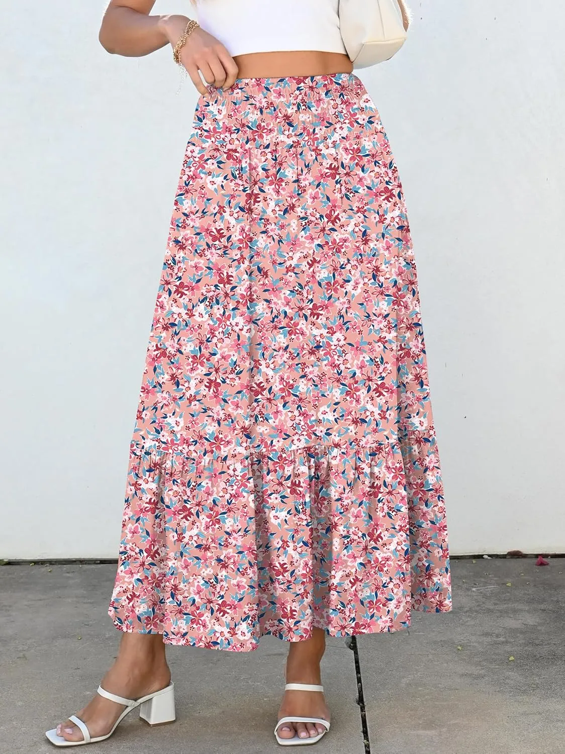 ANRABESS Maxi Skirts for Women 2025 Summer Boho Long Flowy Floral Elastic High Waist Skirt Casual Travel Skirt with Pockets