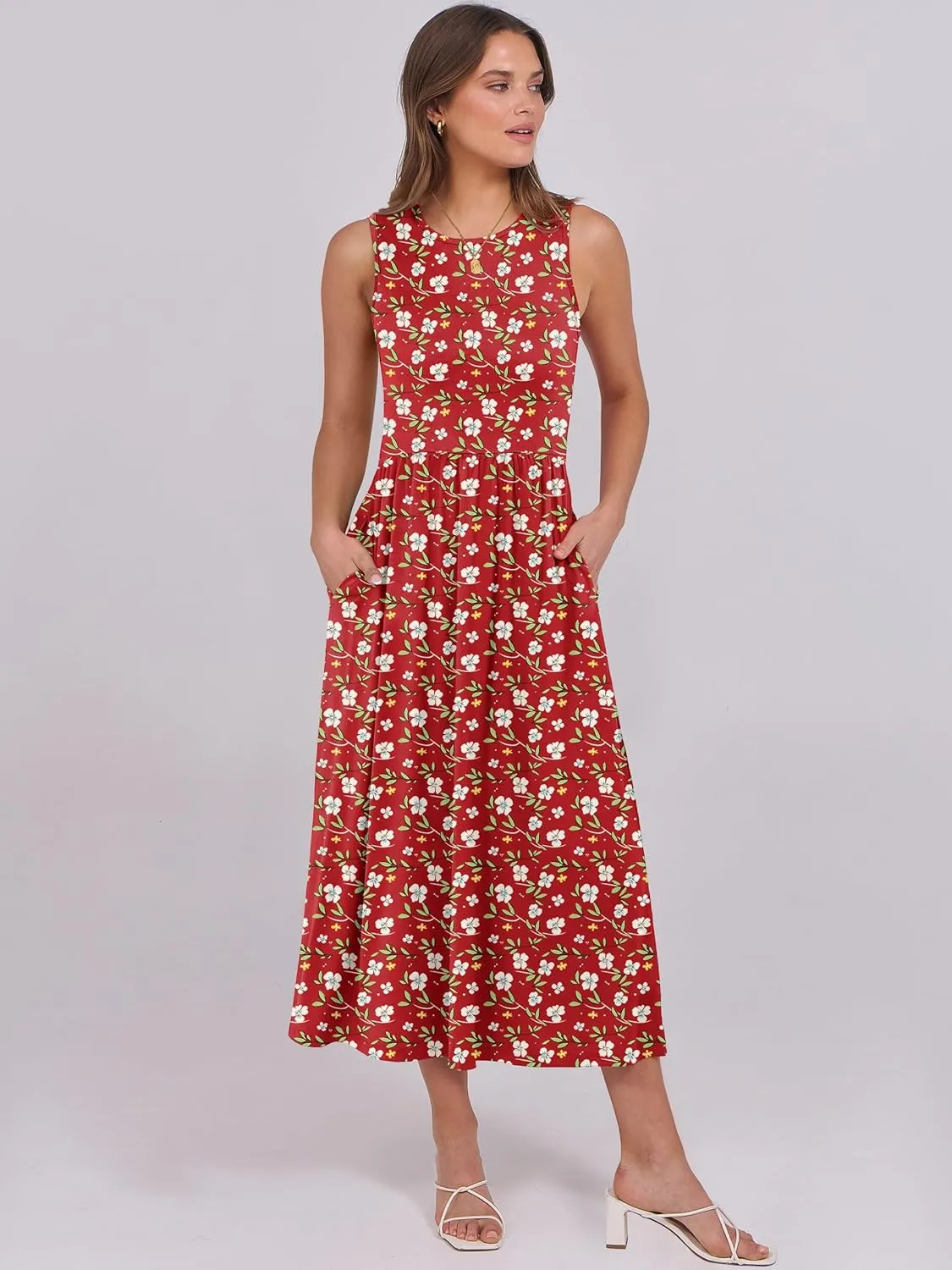 Caracilia Womens Summer Sleeveless Midi Dress Casual Floral Printed A-Line Tank Beach Sundress with Pockets