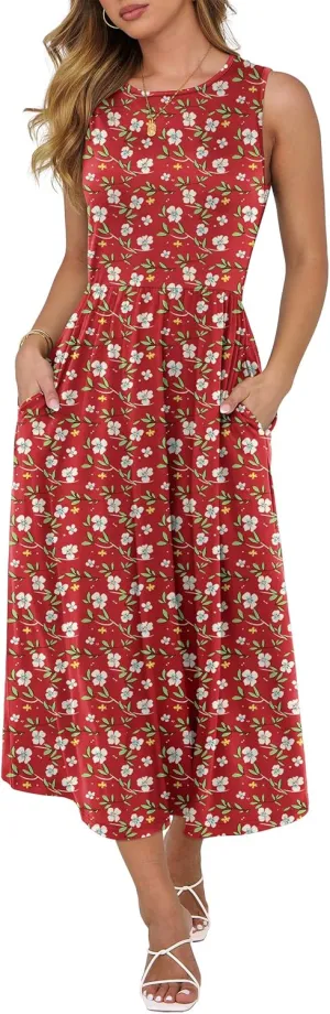 Caracilia Womens Summer Sleeveless Midi Dress Casual Floral Printed A-Line Tank Beach Sundress with Pockets