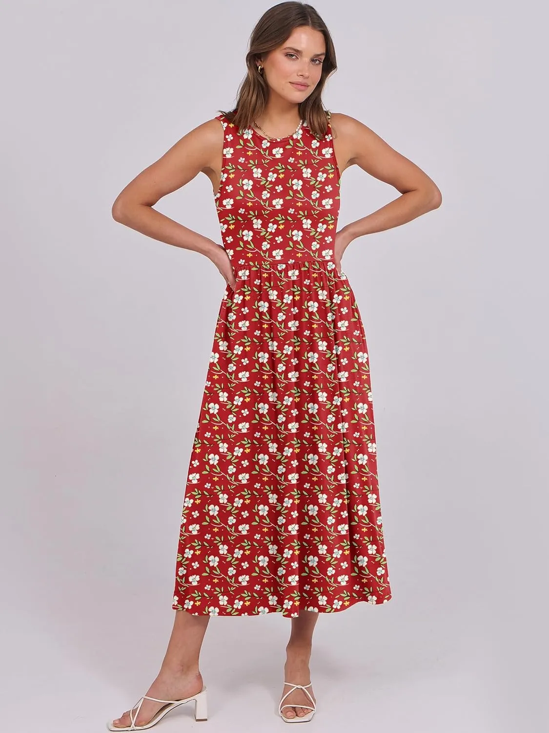 Caracilia Womens Summer Sleeveless Midi Dress Casual Floral Printed A-Line Tank Beach Sundress with Pockets