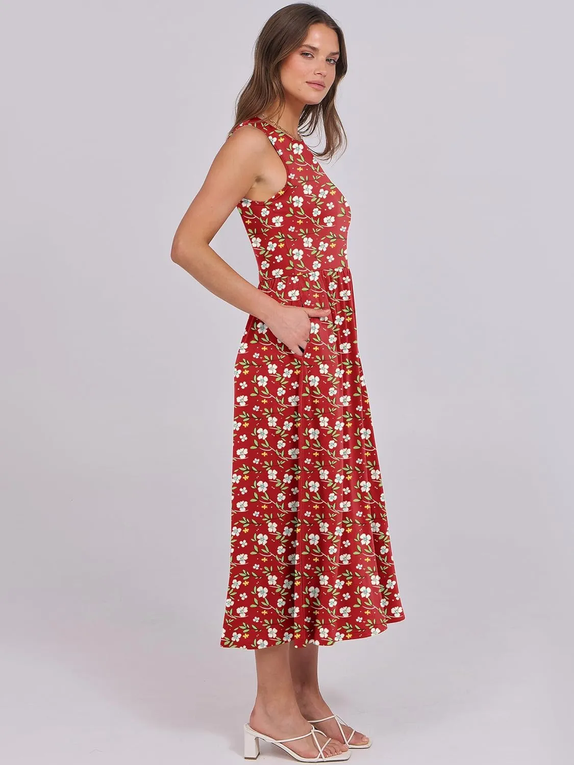 Caracilia Womens Summer Sleeveless Midi Dress Casual Floral Printed A-Line Tank Beach Sundress with Pockets