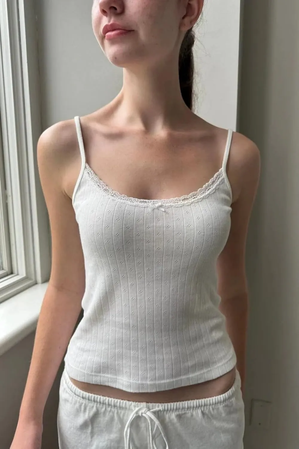 Cioatin Women Cute Y2K Lace Trim Bow Pointelle Knit Crop Cami Tank Sleeveless Slim Fit Minimalist Summer Going Out Tops Girls