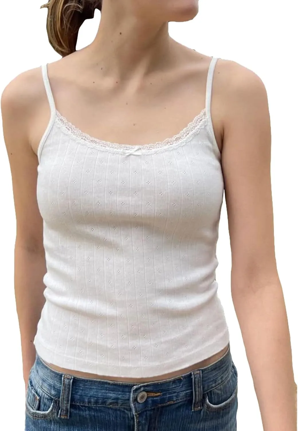 Cioatin Women Cute Y2K Lace Trim Bow Pointelle Knit Crop Cami Tank Sleeveless Slim Fit Minimalist Summer Going Out Tops Girls