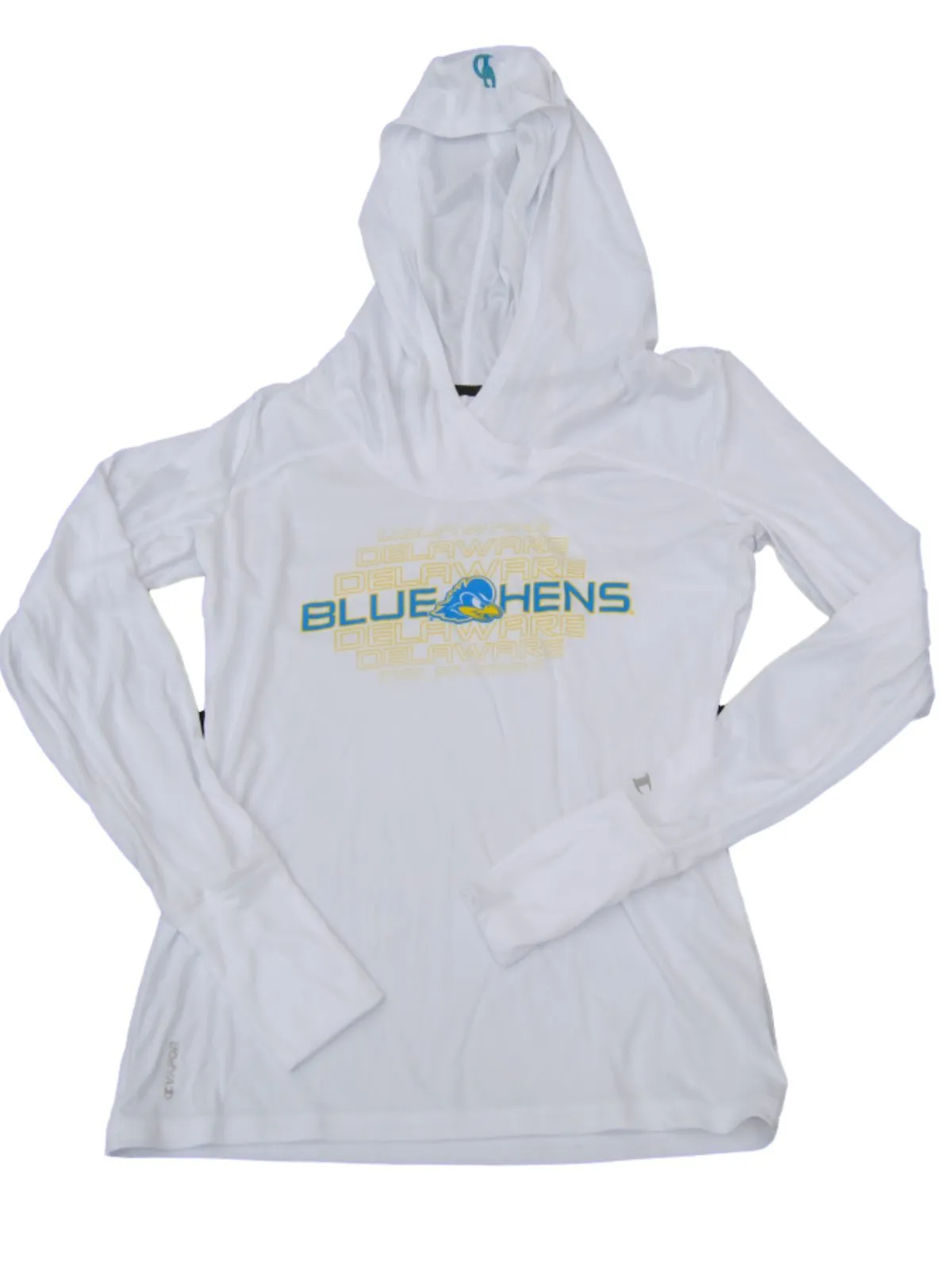 Delaware Blue Hens Champion Women White PowerTrain Hooded LS T-Shirt (S)