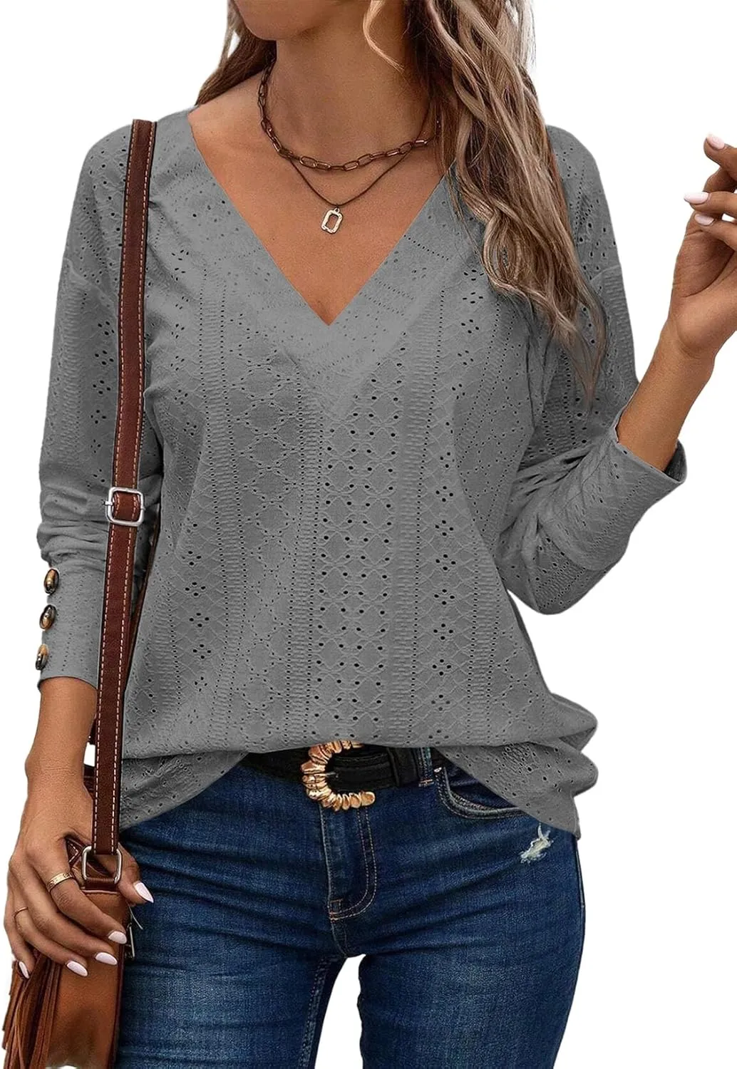 Dokotoo Women's Tops Dressy Casual V Neck Long Sleeve Buttons Hollow Out Lace Embroidered Blouses Shirts