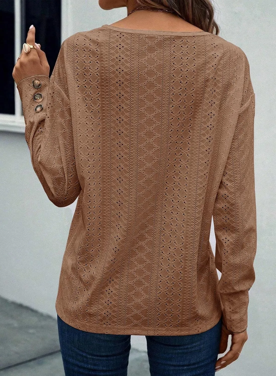Dokotoo Women's Tops Dressy Casual V Neck Long Sleeve Buttons Hollow Out Lace Embroidered Blouses Shirts
