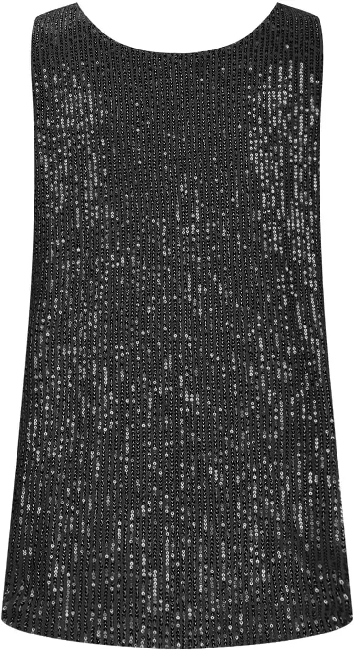Finelylove Sequin Tops for Women 2025 Sleeveless Sparkly Glitter Tank Tops Blouses Shimmer Disco Club Party Concert Outfits