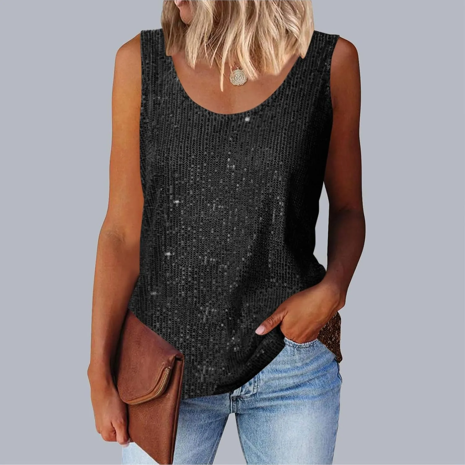 Finelylove Sequin Tops for Women 2025 Sleeveless Sparkly Glitter Tank Tops Blouses Shimmer Disco Club Party Concert Outfits