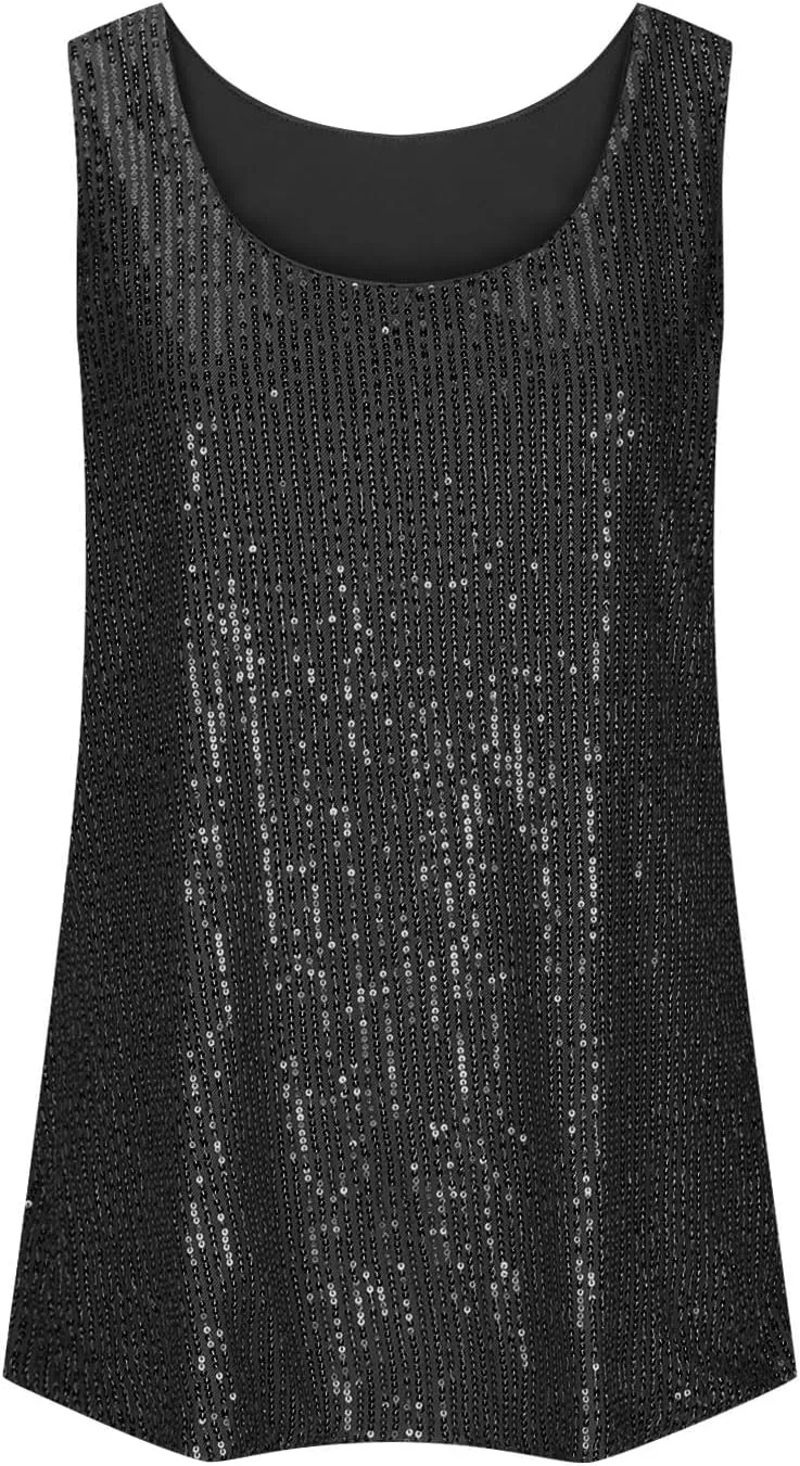 Finelylove Sequin Tops for Women 2025 Sleeveless Sparkly Glitter Tank Tops Blouses Shimmer Disco Club Party Concert Outfits