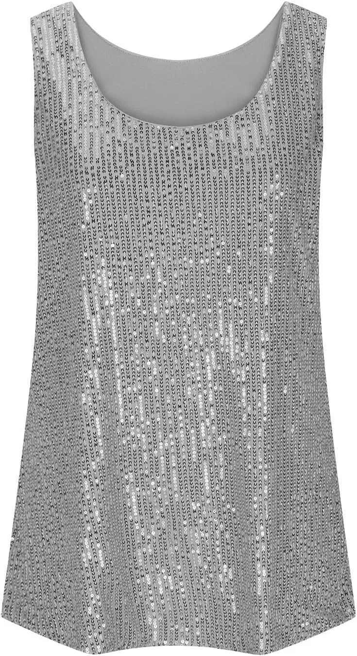 Finelylove Sequin Tops for Women 2025 Sleeveless Sparkly Glitter Tank Tops Blouses Shimmer Disco Club Party Concert Outfits