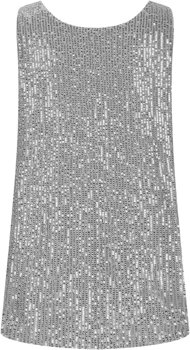 Finelylove Sequin Tops for Women 2025 Sleeveless Sparkly Glitter Tank Tops Blouses Shimmer Disco Club Party Concert Outfits