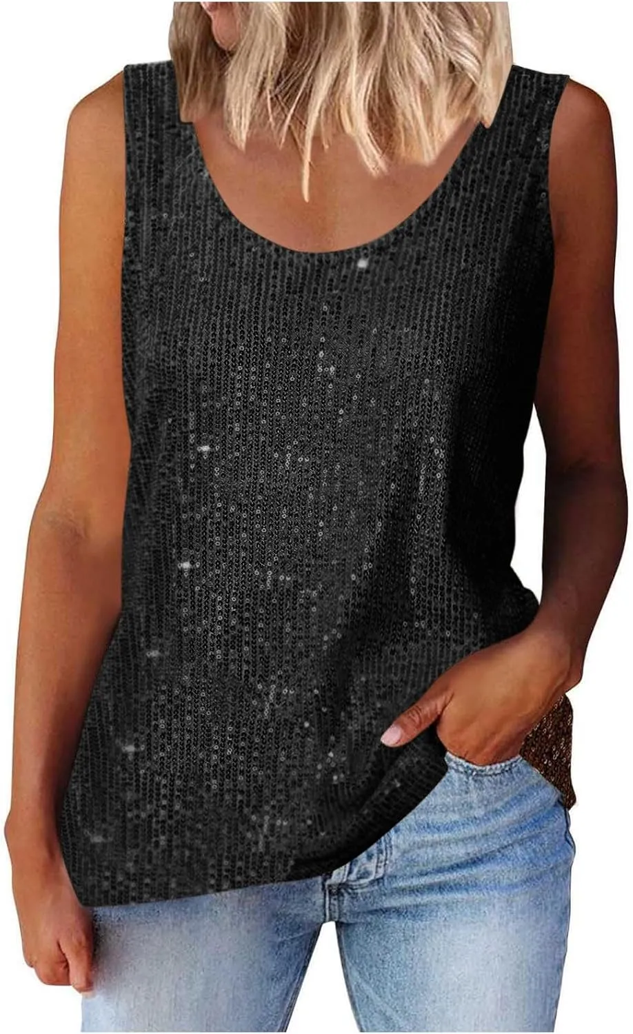 Finelylove Sequin Tops for Women 2025 Sleeveless Sparkly Glitter Tank Tops Blouses Shimmer Disco Club Party Concert Outfits
