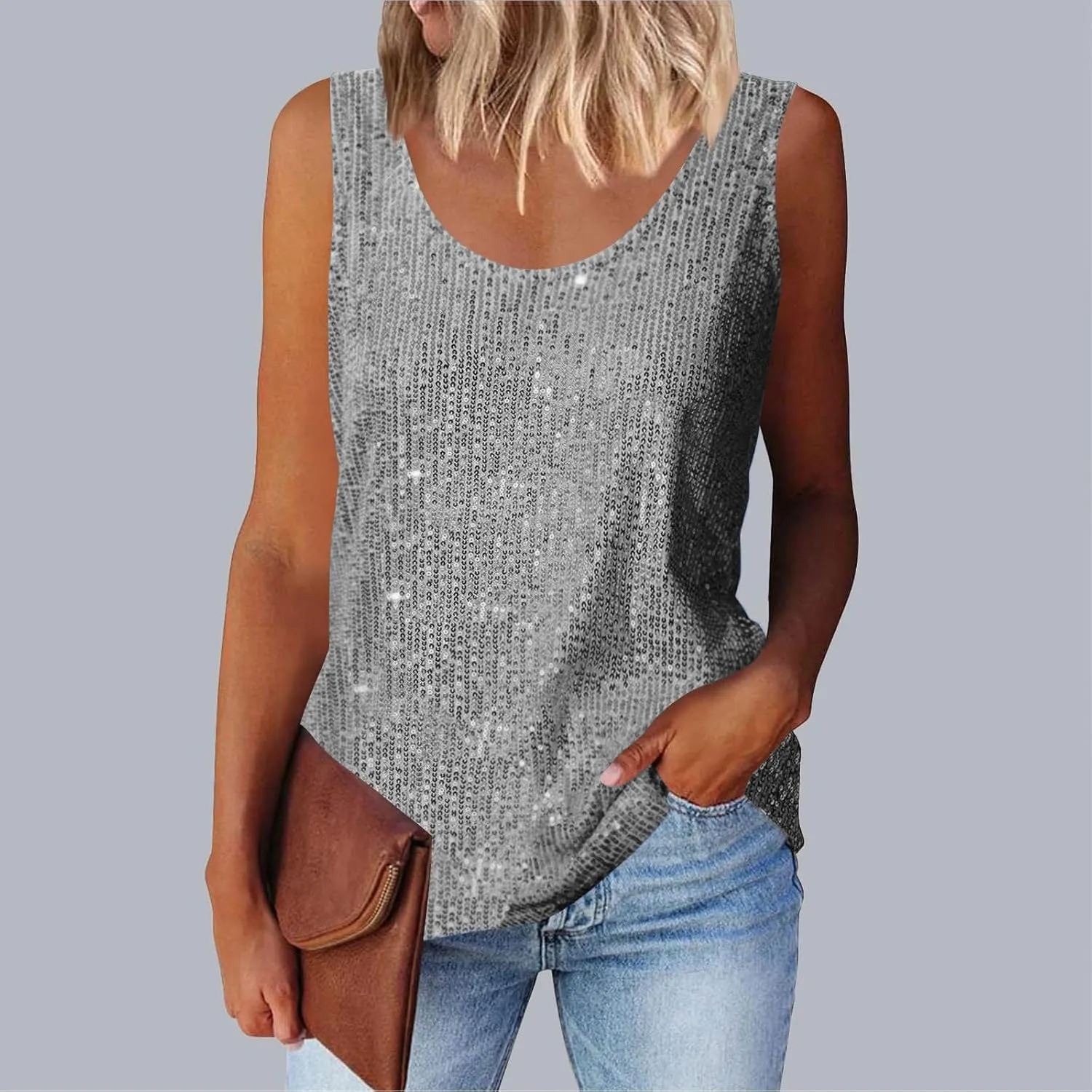 Finelylove Sequin Tops for Women 2025 Sleeveless Sparkly Glitter Tank Tops Blouses Shimmer Disco Club Party Concert Outfits