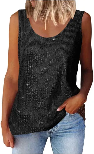 Finelylove Sequin Tops for Women 2025 Sleeveless Sparkly Glitter Tank Tops Blouses Shimmer Disco Club Party Concert Outfits