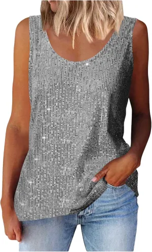 Finelylove Sequin Tops for Women 2025 Sleeveless Sparkly Glitter Tank Tops Blouses Shimmer Disco Club Party Concert Outfits