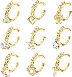 Florideco 9 Pcs 20G Dangle Fake Nose Rings Hoops for Women CZ Dangle Nose Rings Non Piercing Cartilage Earring Nose Cuffs Dangling Faux Nose Piercing Jewelry