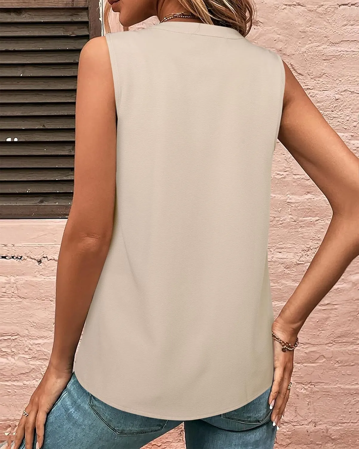 Gaharu Sleeveless Chiffon Tank Tops for Women Dressy V Neck Blouses Work Pleated Shirt