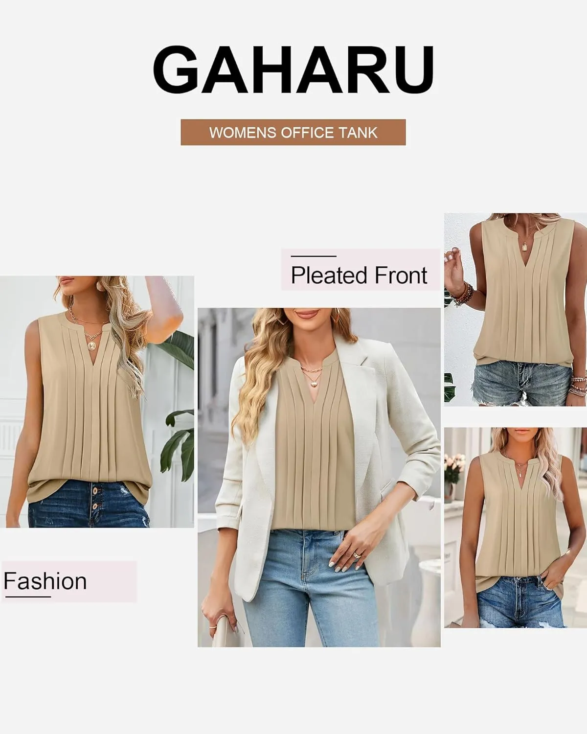 Gaharu Sleeveless Chiffon Tank Tops for Women Dressy V Neck Blouses Work Pleated Shirt