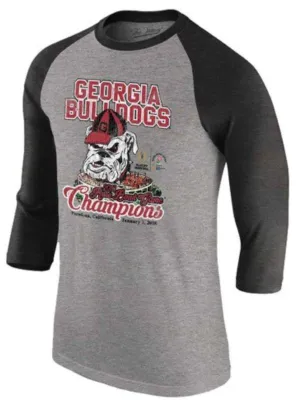 Georgia Bulldogs Victory 2018 Rose Bowl Champions Black Gray 3/4 Sleeve T-Shirt