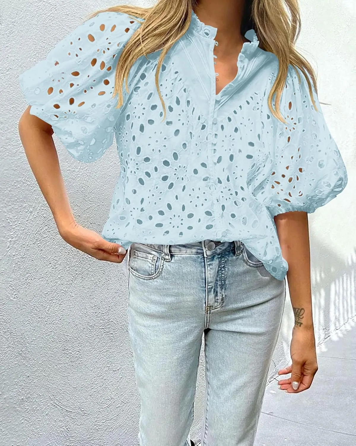 hathne Women's Embroidered Eyelet Blouses Tops Summer V Neck Hollow Out Lantern Short Sleeve Shirts