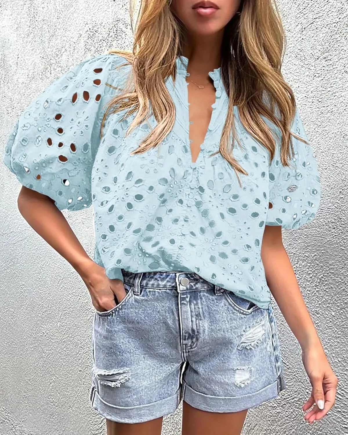 hathne Women's Embroidered Eyelet Blouses Tops Summer V Neck Hollow Out Lantern Short Sleeve Shirts