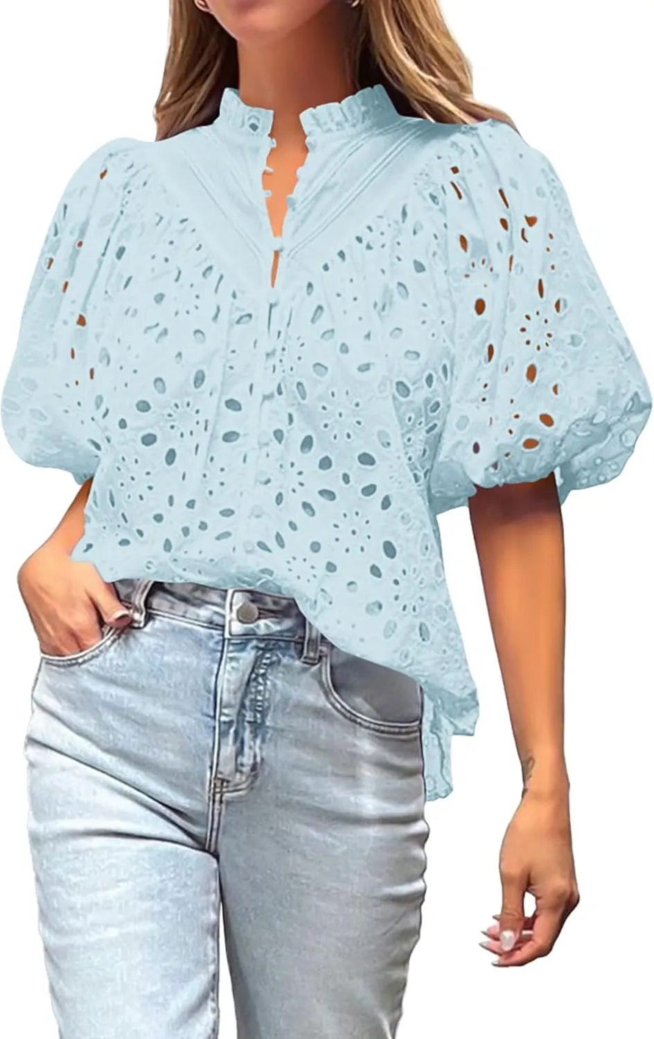 hathne Women's Embroidered Eyelet Blouses Tops Summer V Neck Hollow Out Lantern Short Sleeve Shirts