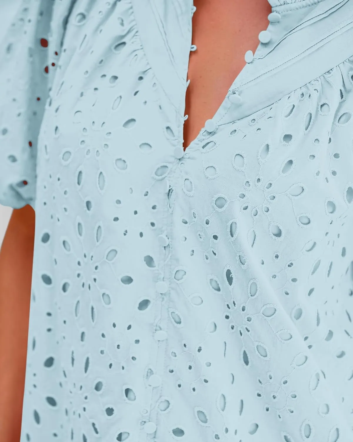 hathne Women's Embroidered Eyelet Blouses Tops Summer V Neck Hollow Out Lantern Short Sleeve Shirts