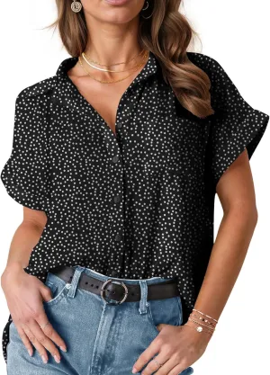 HOTOUCH Womens Short Sleeve Button Down Shirts Loose Fit V Neck Business Casual Blouses Summer Top with Pockets S-XXL