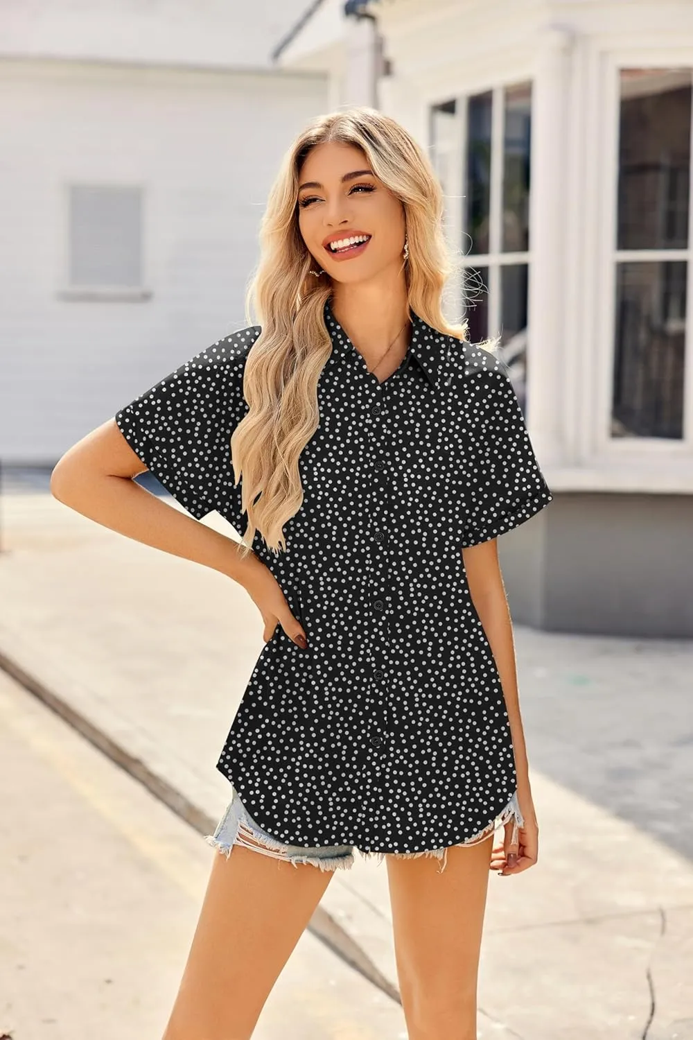 HOTOUCH Womens Short Sleeve Button Down Shirts Loose Fit V Neck Business Casual Blouses Summer Top with Pockets S-XXL