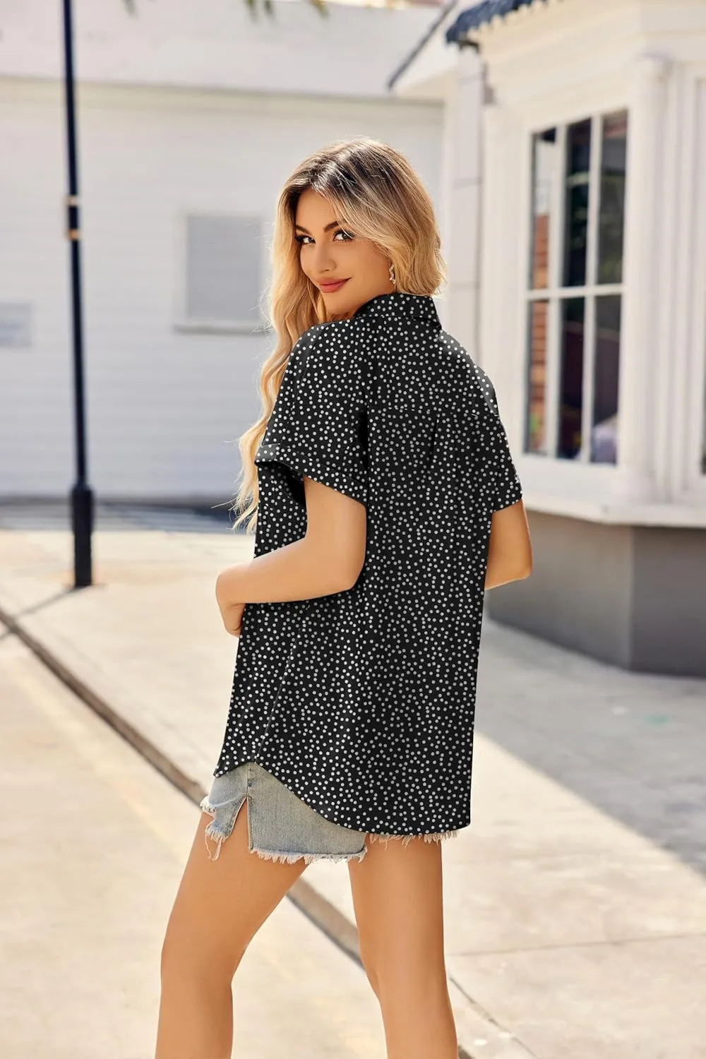 HOTOUCH Womens Short Sleeve Button Down Shirts Loose Fit V Neck Business Casual Blouses Summer Top with Pockets S-XXL