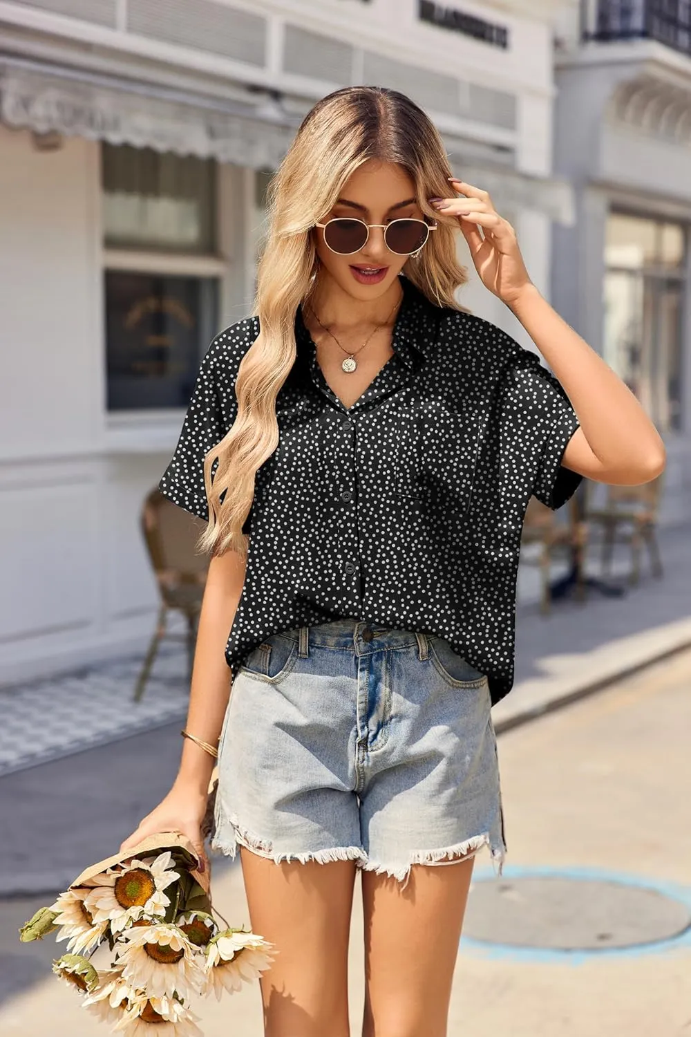 HOTOUCH Womens Short Sleeve Button Down Shirts Loose Fit V Neck Business Casual Blouses Summer Top with Pockets S-XXL