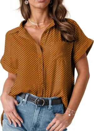 HOTOUCH Womens Short Sleeve Button Down Shirts Loose Fit V Neck Business Casual Blouses Summer Top with Pockets S-XXL