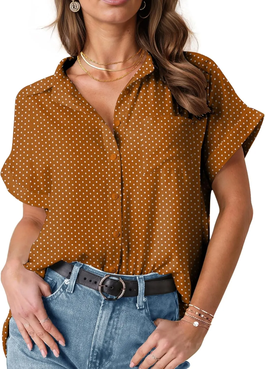 HOTOUCH Womens Short Sleeve Button Down Shirts Loose Fit V Neck Business Casual Blouses Summer Top with Pockets S-XXL