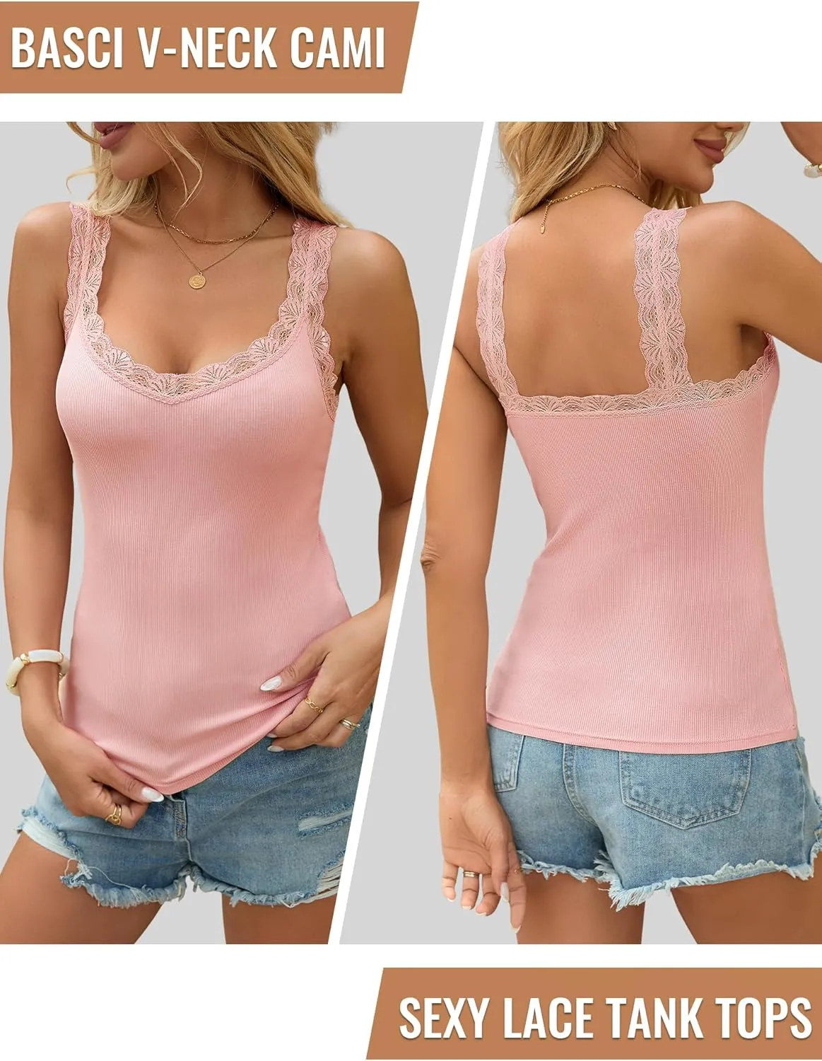Lace Camisole Tank Tops for Women V Neck Wide Strap Soft Ribbed Lace Trim Cami