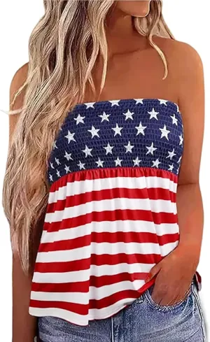 LOTUCY American Flag Strapless Bandeau Tank Women 4th of July Sleeveless Ruffled Tube Patriotic Strapless Smocked Tube Tops