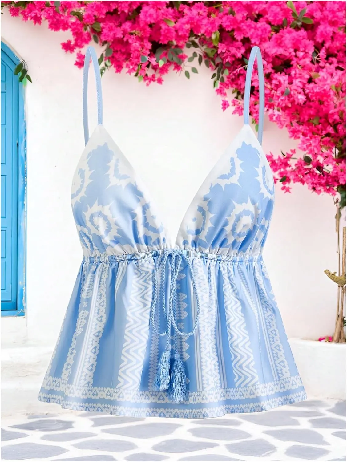 MakeMeChic Women's Paisley Print V Neck Camisole Spaghetti Strap Tie Front Ruffle Fringe Boho Tank Tops