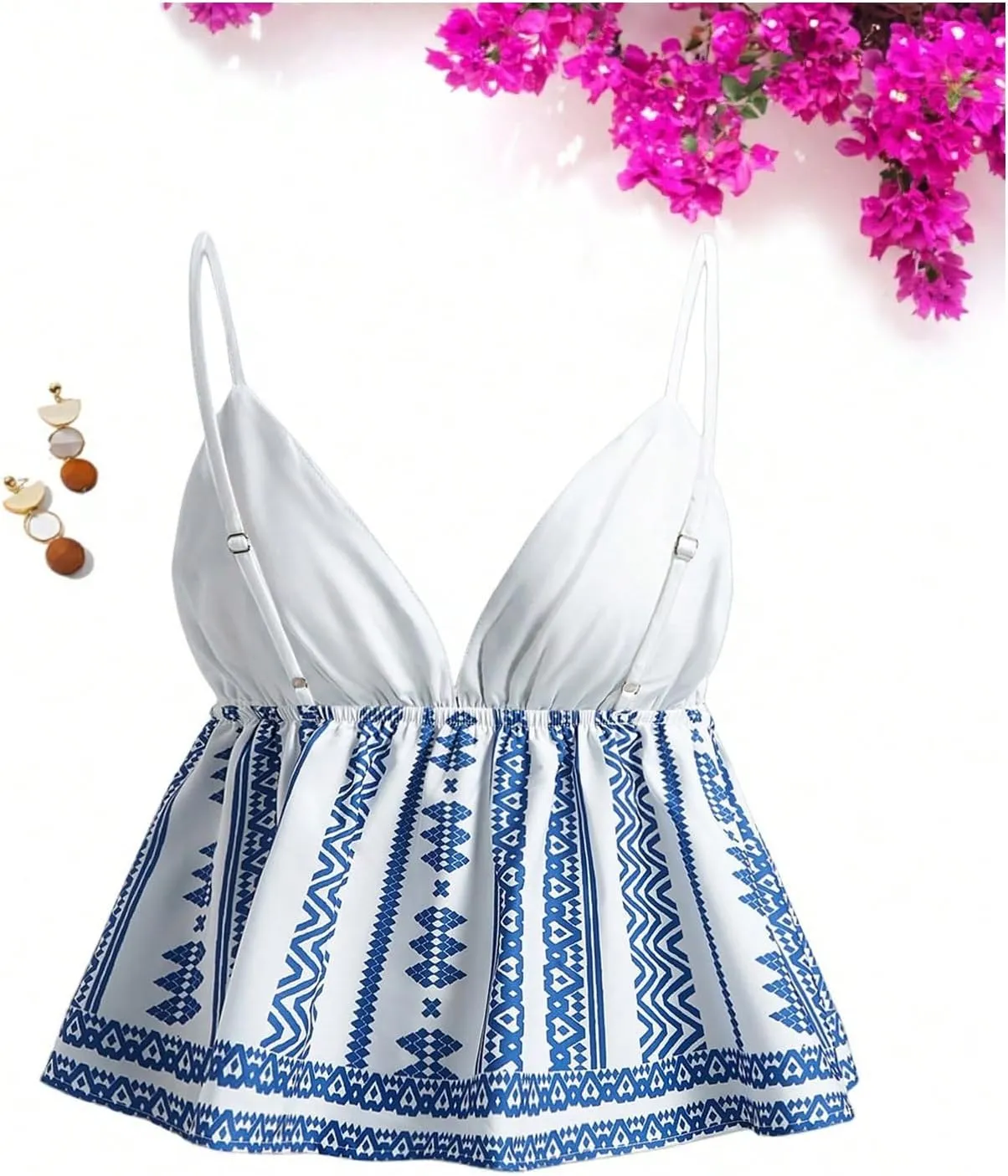 MakeMeChic Women's Paisley Print V Neck Camisole Spaghetti Strap Tie Front Ruffle Fringe Boho Tank Tops