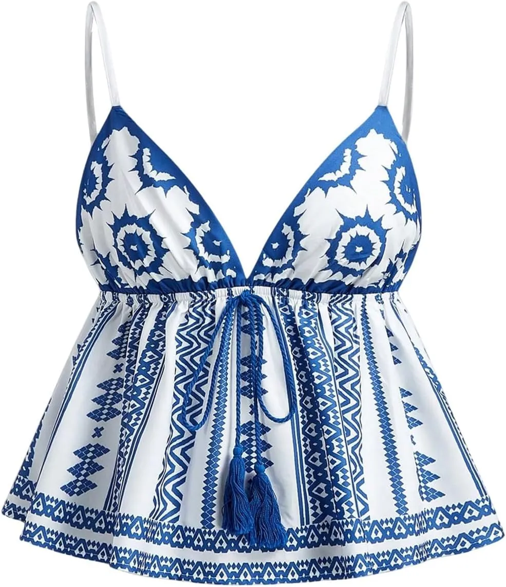 MakeMeChic Women's Paisley Print V Neck Camisole Spaghetti Strap Tie Front Ruffle Fringe Boho Tank Tops