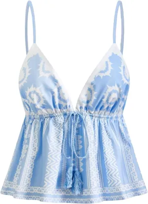 MakeMeChic Women's Paisley Print V Neck Camisole Spaghetti Strap Tie Front Ruffle Fringe Boho Tank Tops