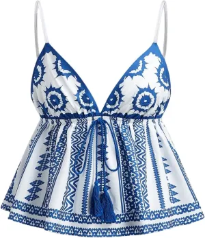 MakeMeChic Women's Paisley Print V Neck Camisole Spaghetti Strap Tie Front Ruffle Fringe Boho Tank Tops