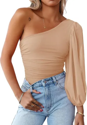 MASCOMODA Womens Fashion 2024 Spring Mesh Long Sleeve One Shoulder Tops Solid Stretch Ruched Lantern Sleeve Blouse Shirt