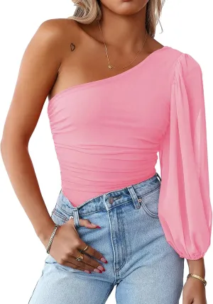 MASCOMODA Womens Fashion 2024 Spring Mesh Long Sleeve One Shoulder Tops Solid Stretch Ruched Lantern Sleeve Blouse Shirt